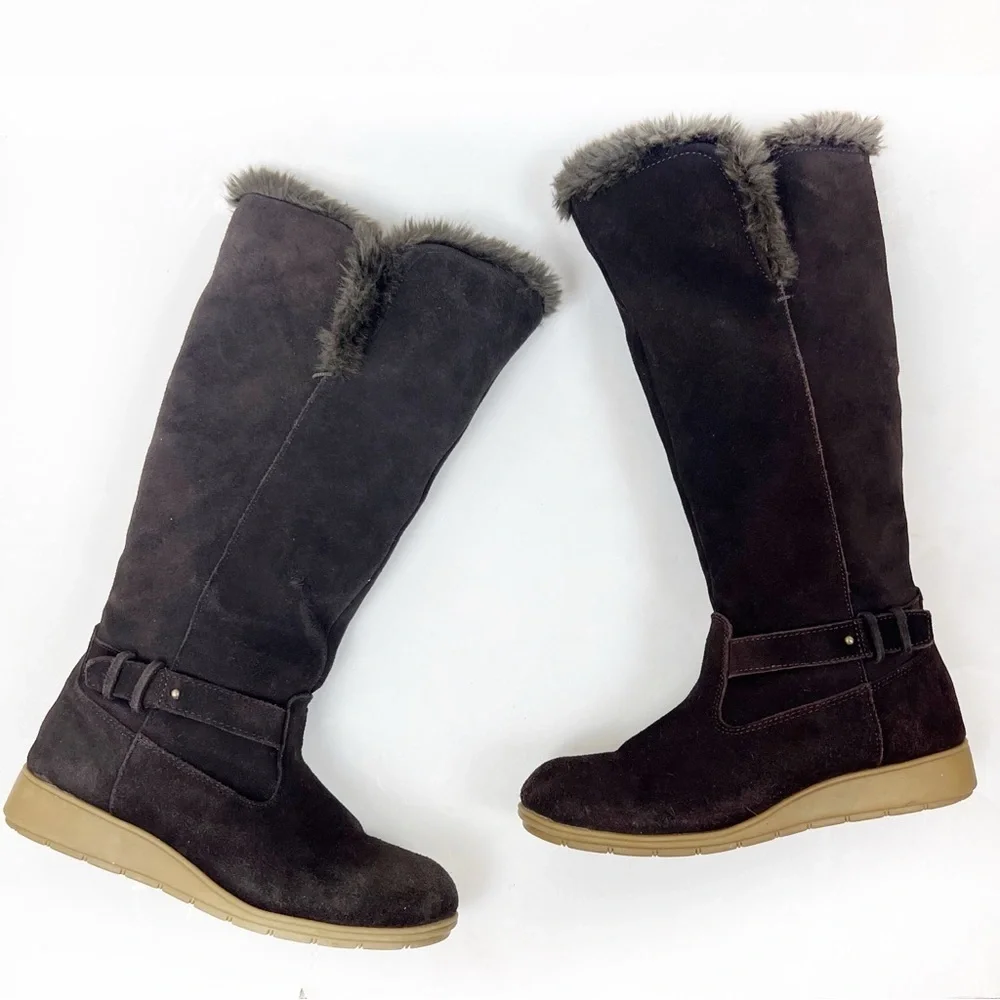 Lands End Mendota Suede Tall Boots Faux Fur 7 Leather Chocolate Brown Cabincore